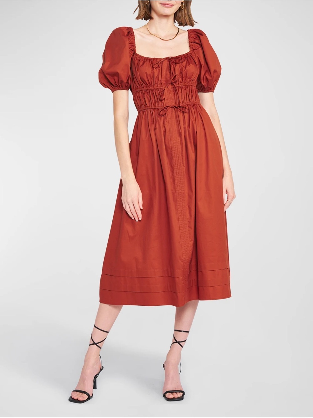 En Saison Rust Puff-Sleeve Midi Dress Sveta in Cognac Size Small